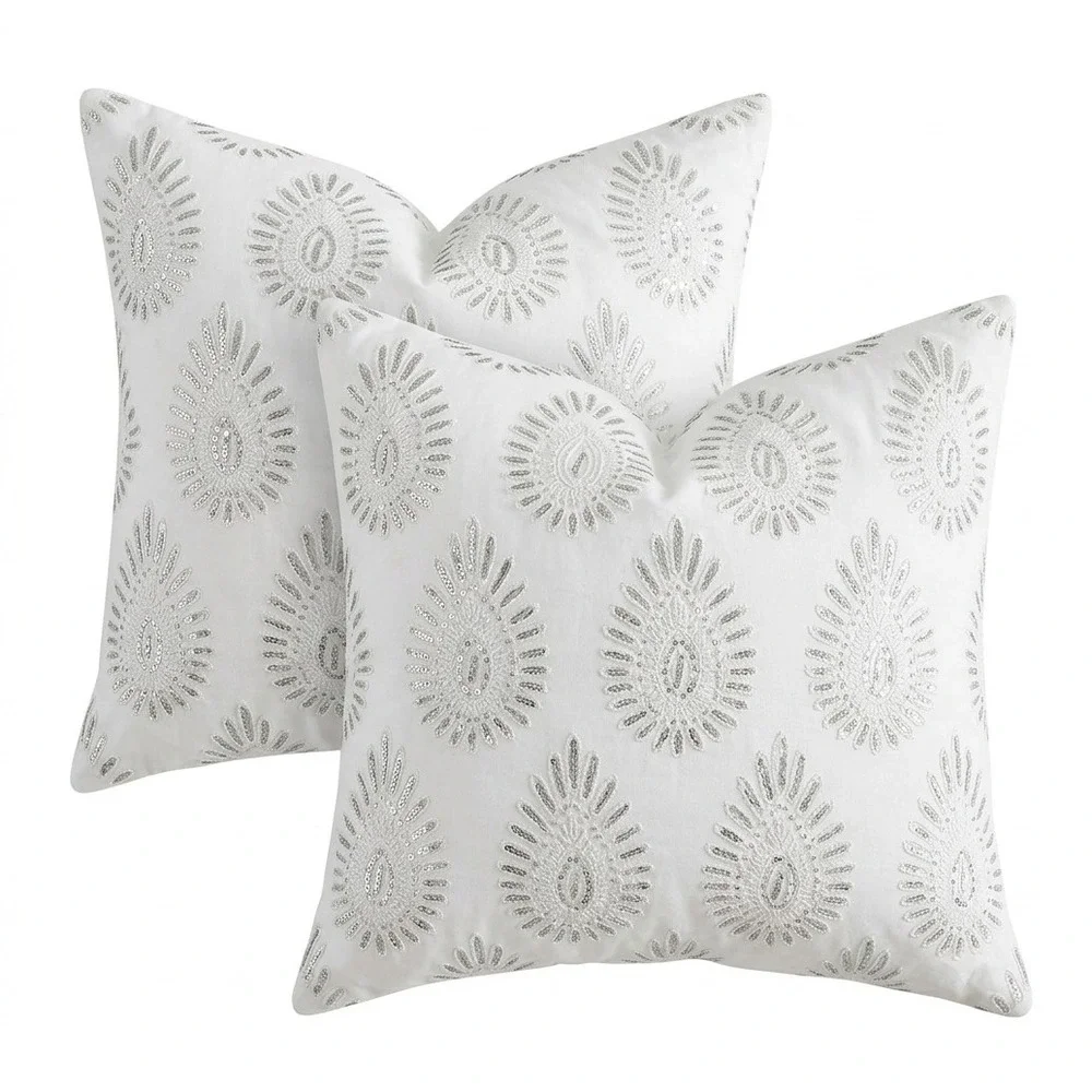 Set of 2 White Silver Sequin Embroidered Sunburst Throw Pillows Faux Velvet Back